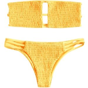 yellow smocked bandeau bikini